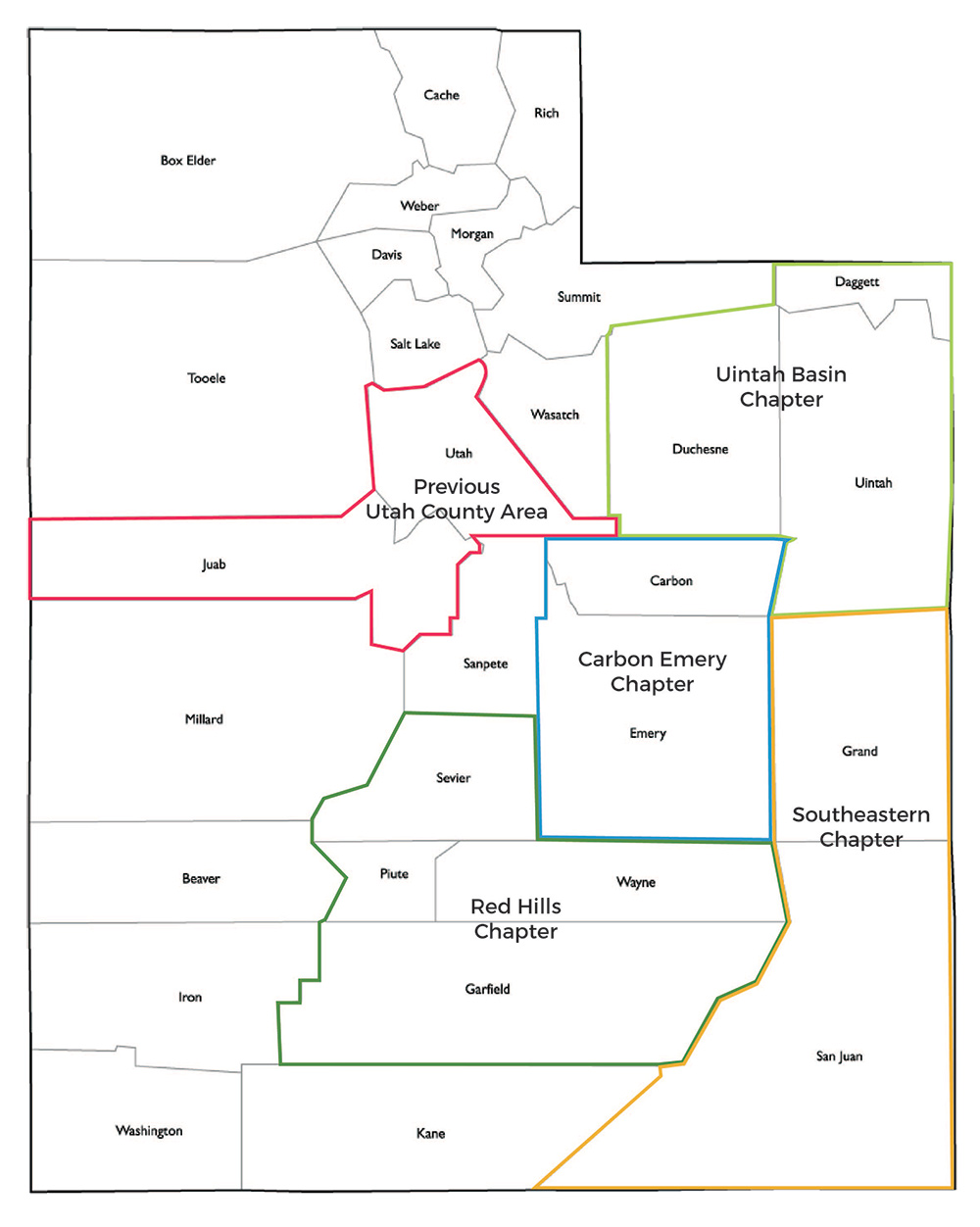 Utah maps with outlines of chapter counties