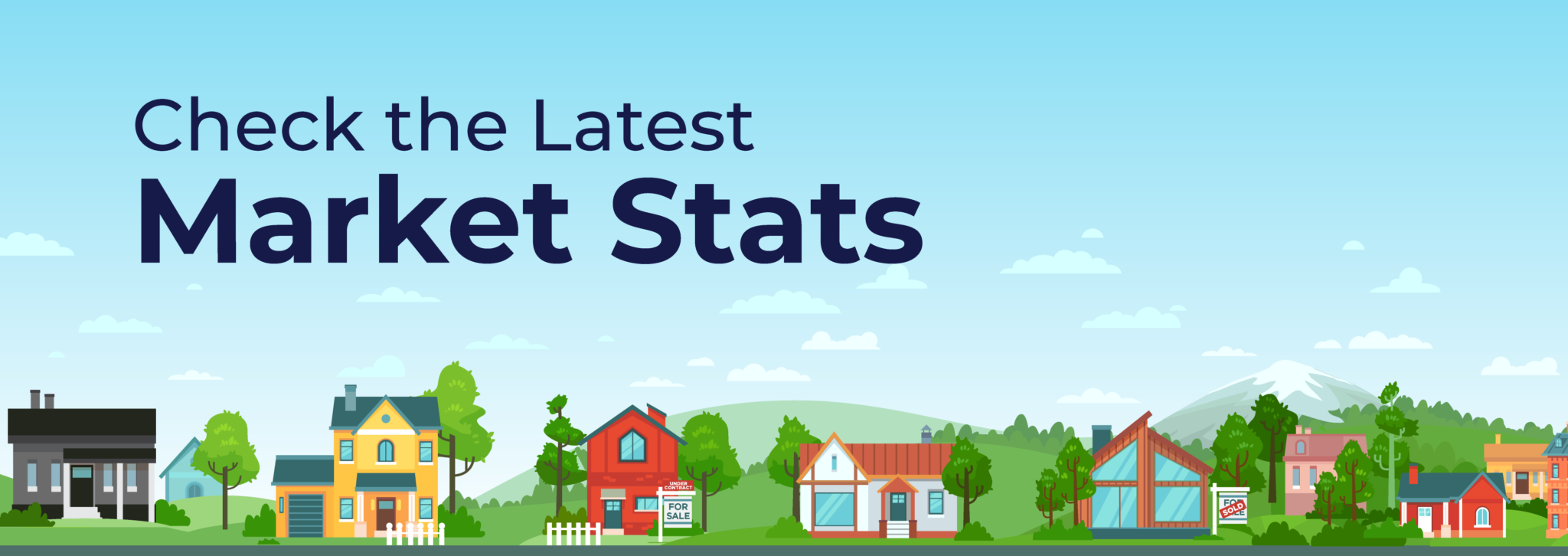 Illustration of houses in a summery, hilly neighborhood, some for sale, others not